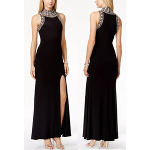 NWT Betsy & Adam Mock-Neck Jewel-Trim Sleeveless Maxi Dress Black Women's 12 P